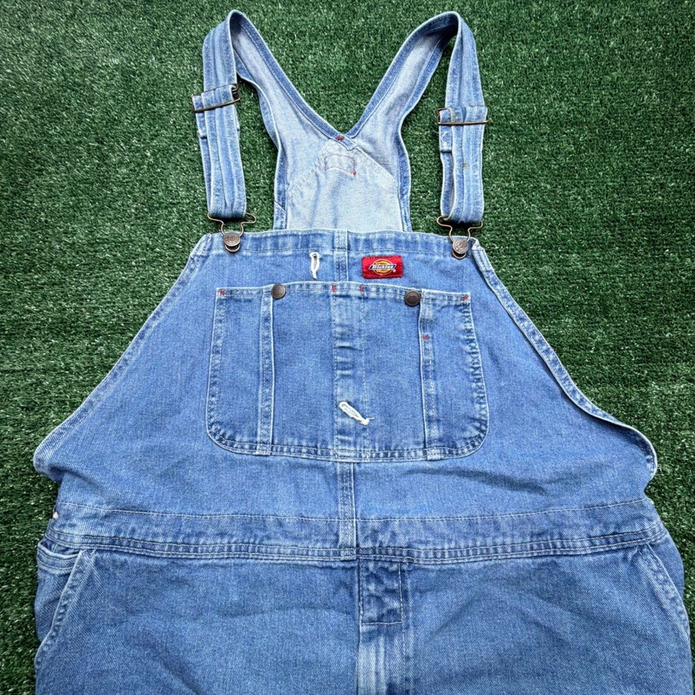 Dickies Mens Denim Bib Overalls Cut Off Shorts Blue 46 Medium Wash Raw Hem VTG